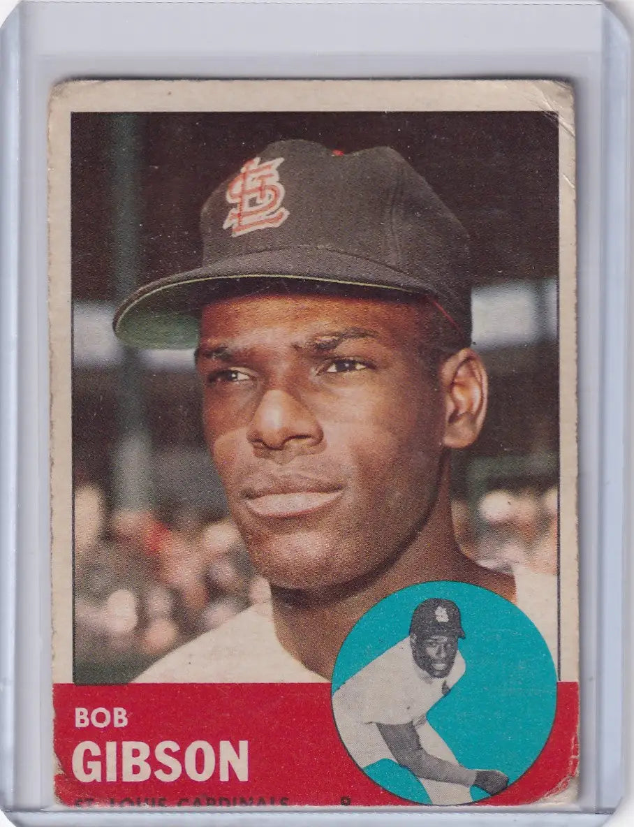 Vintage 1963 Topps 415 Bob Gibson trading card for St. Louis Cardinals collectors