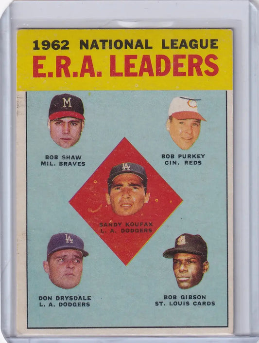 Vintage trading card featuring 1962 NL ERA Leaders - Koufax, Shaw, Purkey, Drysdale, Gibson