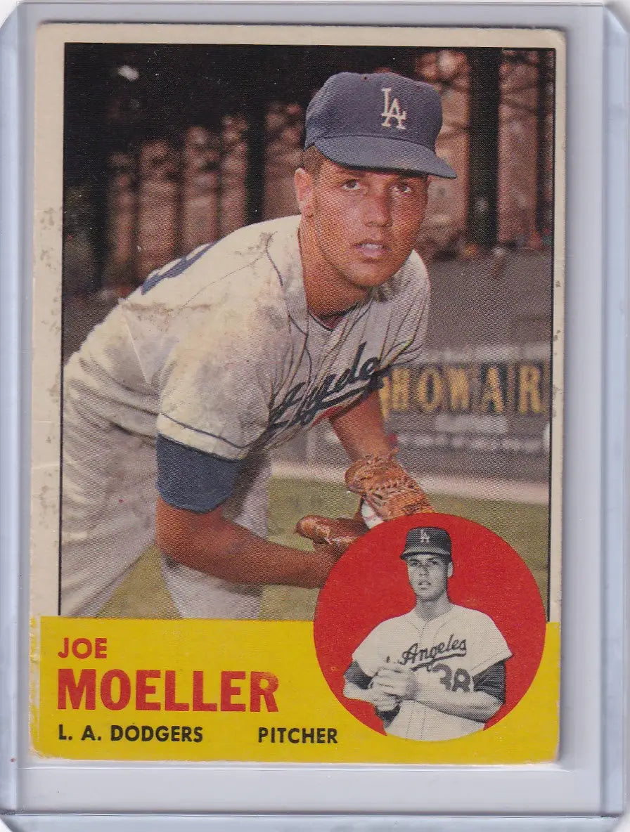 Vintage 1963 Topps Joe Moeller baseball card of Los Angeles Dodgers pitcher in uniform