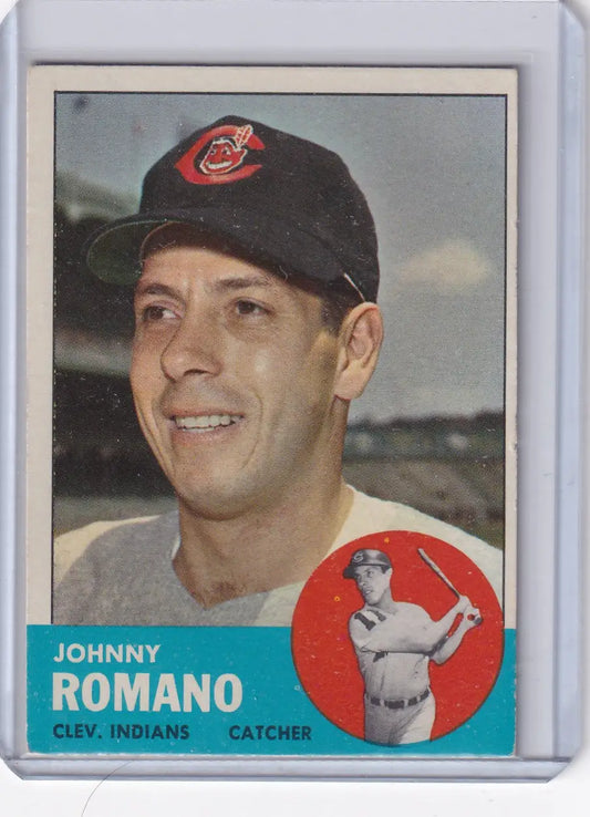 1963 Topps Johnny Romano trading card featuring Cleveland Indians catcher portrait