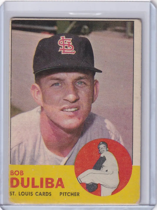 Vintage trading card of Bob Duliba, pitcher for the St. Louis Cardinals 1963 Topps