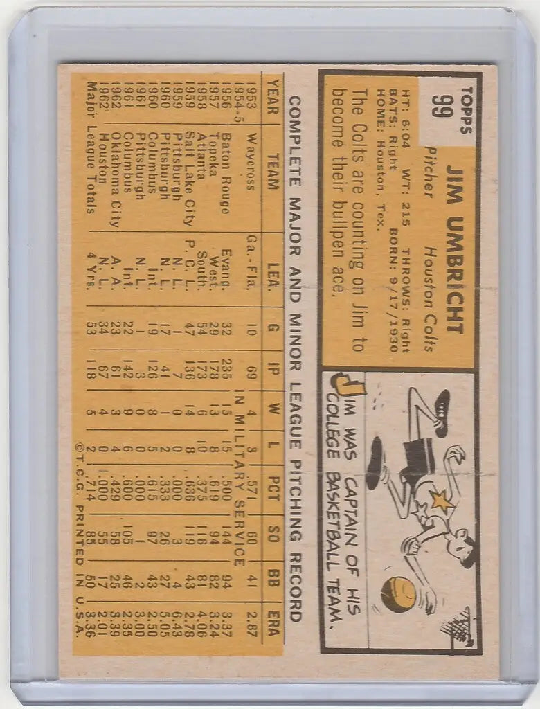 Vintage baseball card of Jim Umbricht featuring Houston Colts statistics and illustration