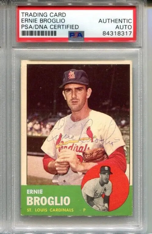 Encapsulated Ernie Broglio autographed trading card from 1963 Topps for collectors