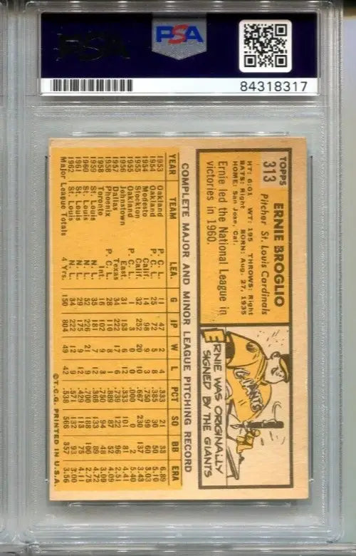 Graded Ernie Broglio trading card from 1963 Topps Hand Signed Auto with PSA DNA