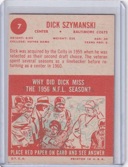 Vintage 1965 Topps Football trading card of Dick Szymanski from the Baltimore Colts