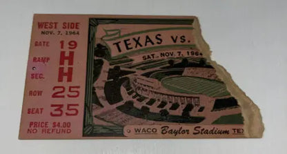 Vintage Texas Longhorns ticket stub featuring 1964 Baylor Bears vs. UT match in Waco TX