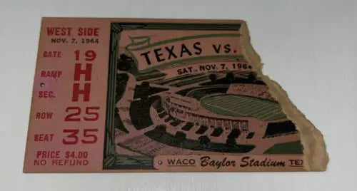 Vintage Texas Longhorns ticket stub featuring 1964 Baylor Bears vs. UT match in Waco TX