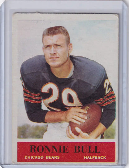 Vintage 1964 Philadelphia Football card of Ron Bull, Chicago Bears halfback in navy jersey