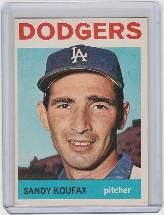 Baseball card of Sandy Koufax, Los Angeles Dodgers pitcher in blue cap
