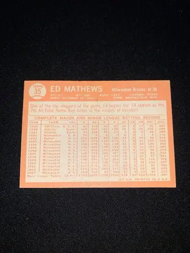 1964 Topps #35 Eddie Ed MATHEWS HOF Blue Line Version Print Error Variation Rare - Baseball Card Single