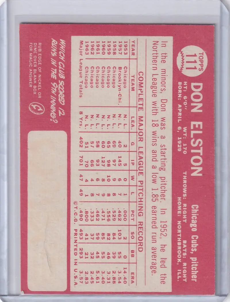 1964 Topps Baseball #111 Don Elston - Chicago Cubs