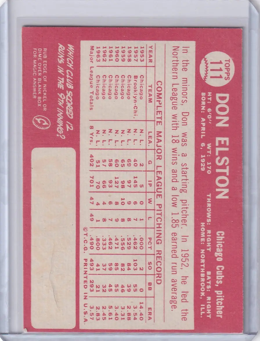 Red and white 1964 Topps Baseball card featuring Don Elston of the Chicago Cubs