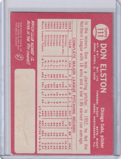 Red and white 1964 Topps Baseball card featuring Don Elston of the Chicago Cubs