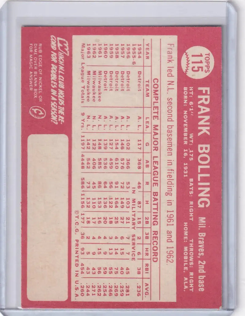 1964 Topps Baseball #115 Frank Bolling - Milwaukee Braves