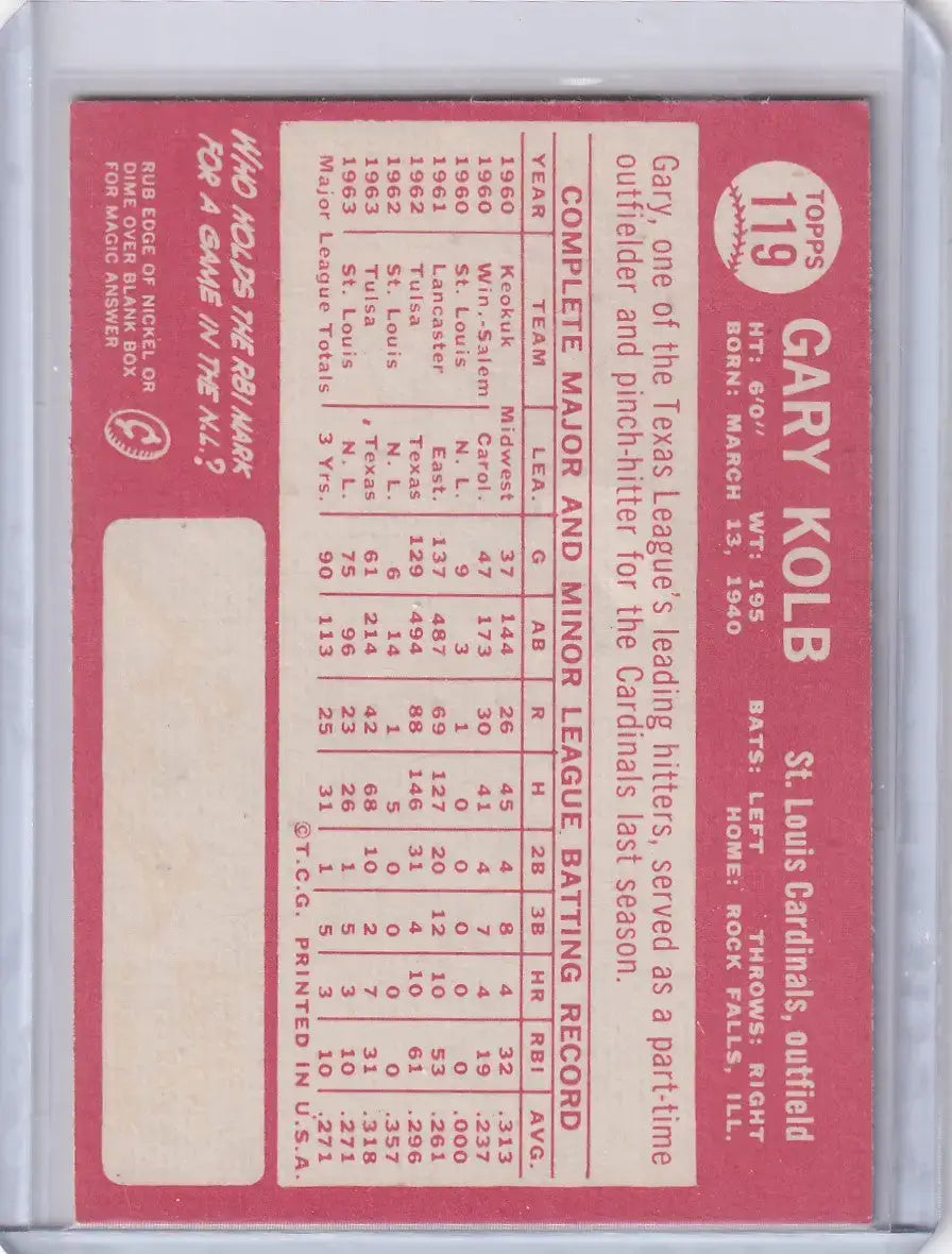 1964 Topps Baseball #119 Gary Kolb - St. Louis Cardinals RC