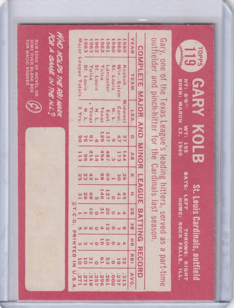 1964 Topps Baseball #119 Gary Kolb - St. Louis Cardinals RC