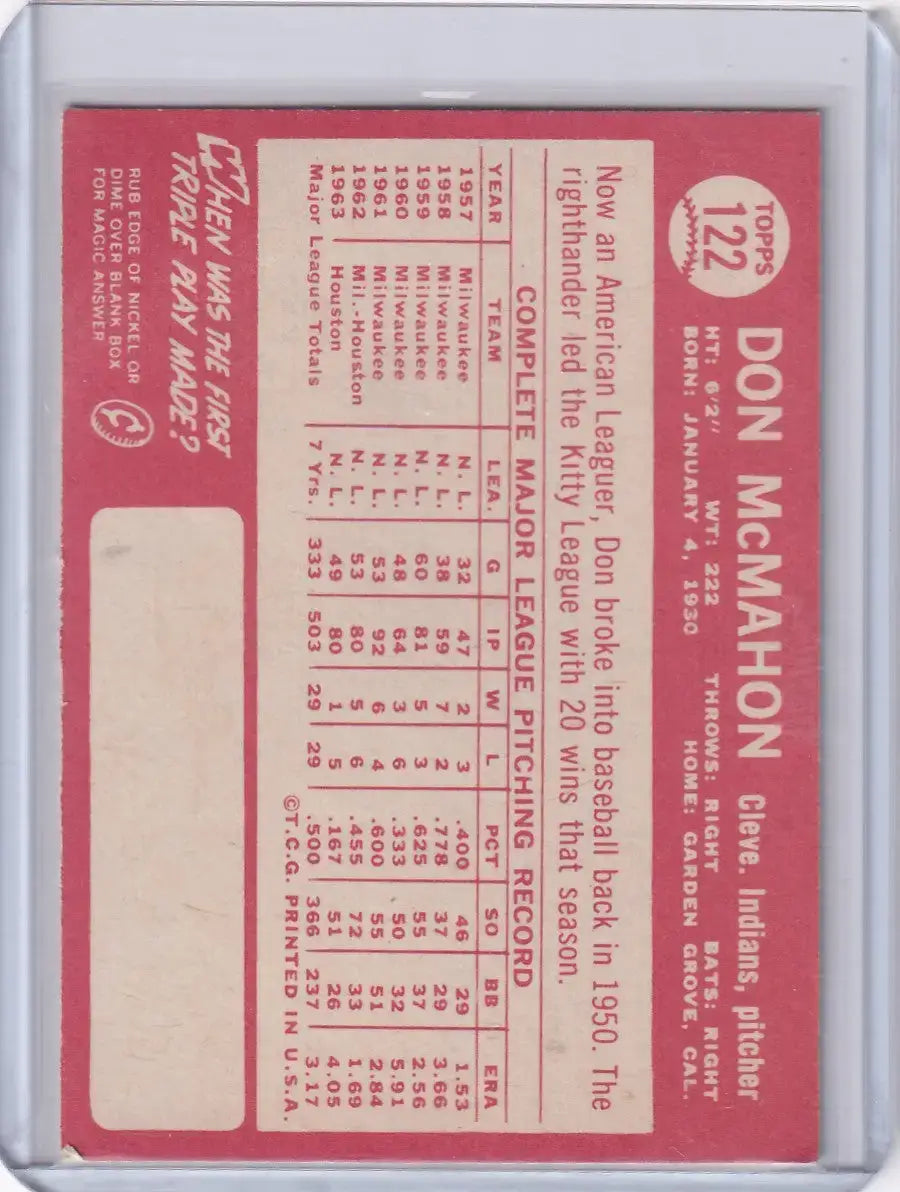 1964 Topps Baseball #122 Don McMahon - Cleveland Indians