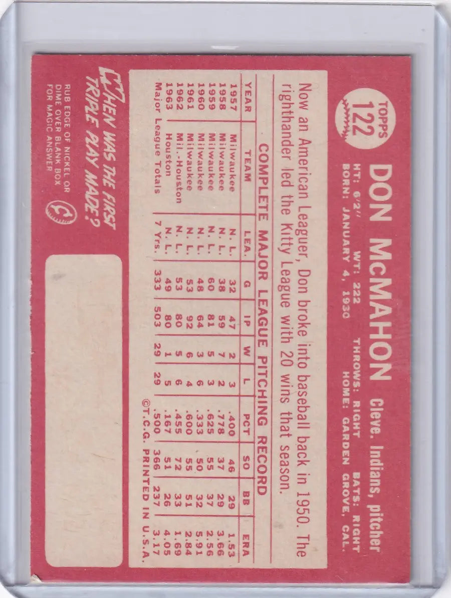 Red Topps Baseball card of Don McMahon featuring Cleveland Indians player stats