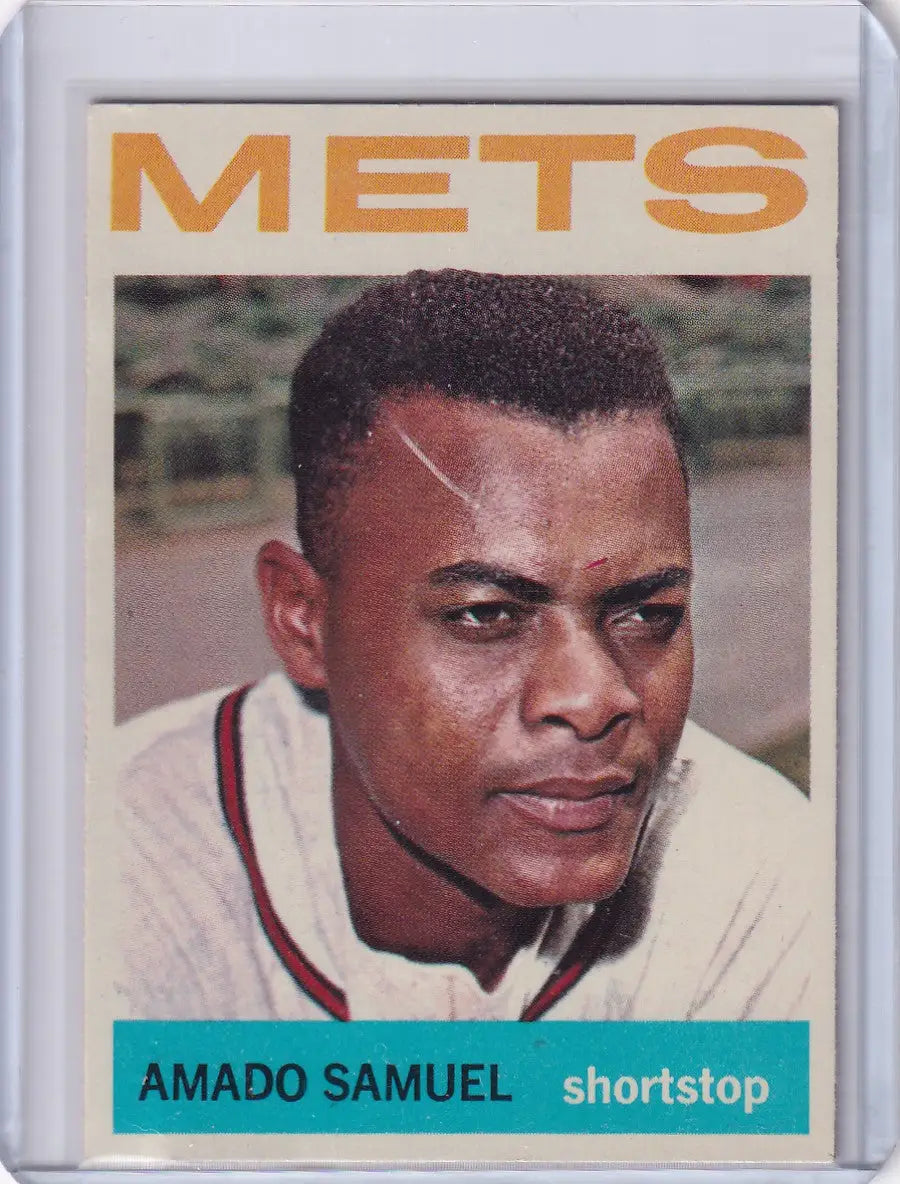 Vintage 1964 Topps Baseball card of Amado Samuel, New York Mets shortstop in white uniform