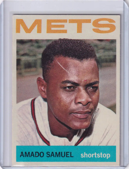 Vintage 1964 Topps Baseball card of Amado Samuel, New York Mets shortstop in white uniform