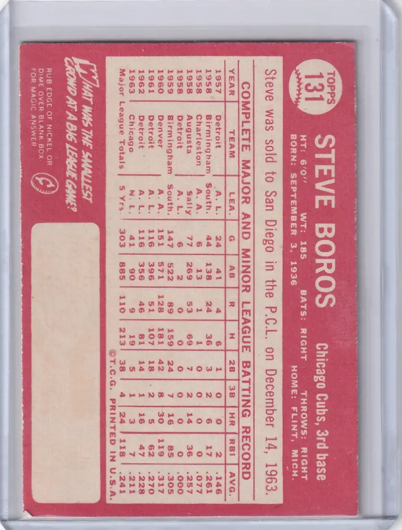 1964 Topps Baseball #131 Steve Boros - Chicago Cubs - Baseball Card Single