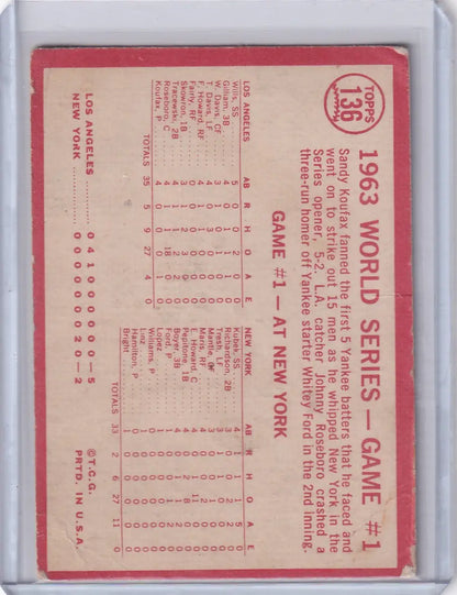 Vintage 1963 World Series Game 1 scorecard featuring red text for Topps Baseball