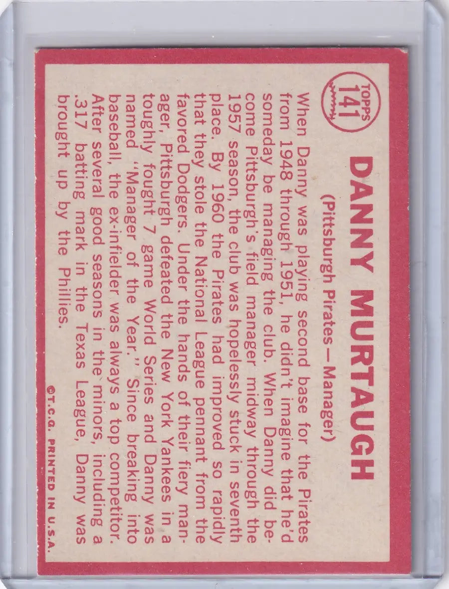 Vintage Topps Baseball card featuring Danny Murtaugh of the Pittsburgh Pirates