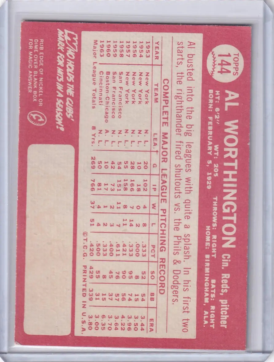 Baseball card featuring statistics of Al Worthington - Cincinnati Reds from Topps Baseball