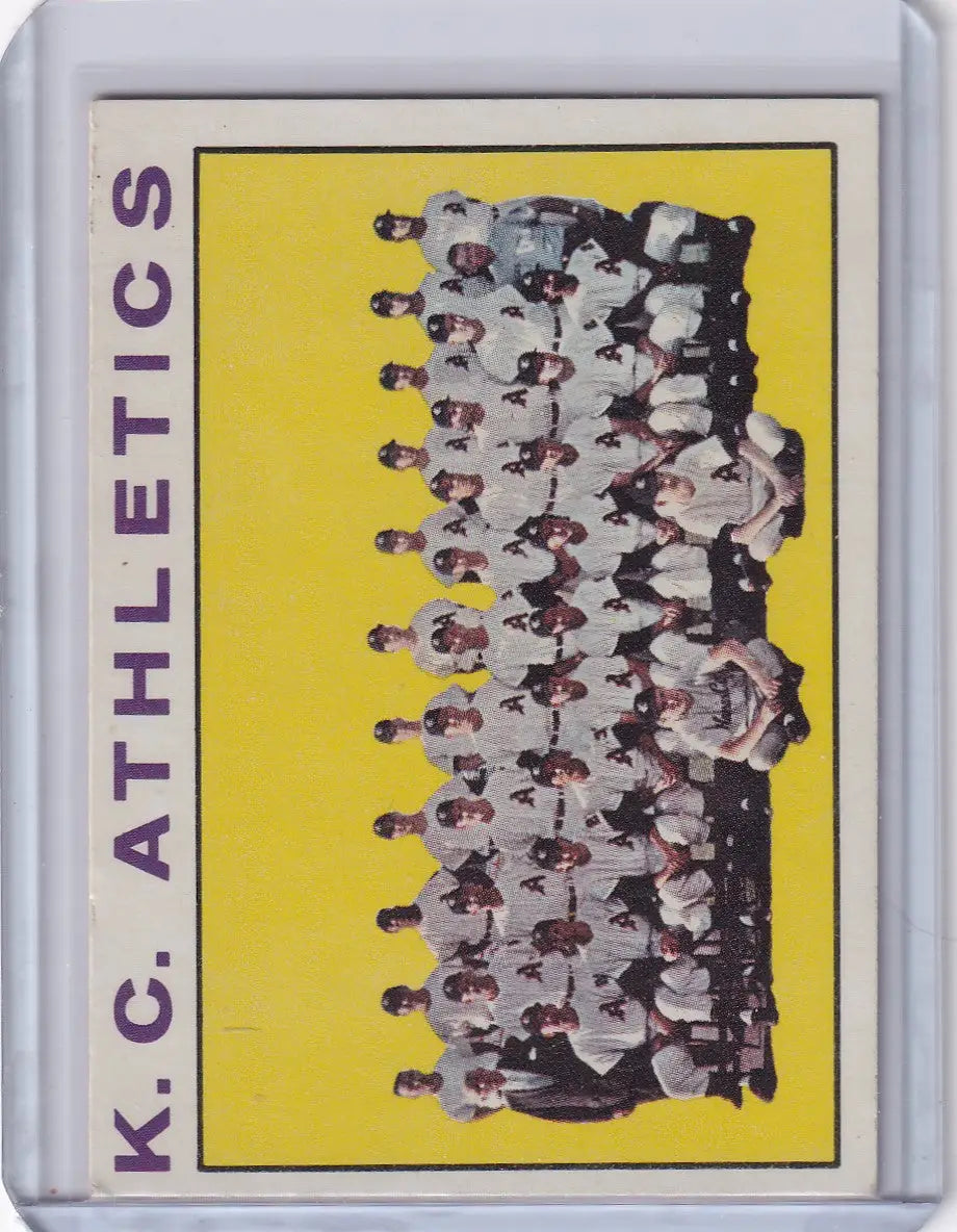 Vintage Topps Baseball card of the Kansas City Athletics team in white uniforms