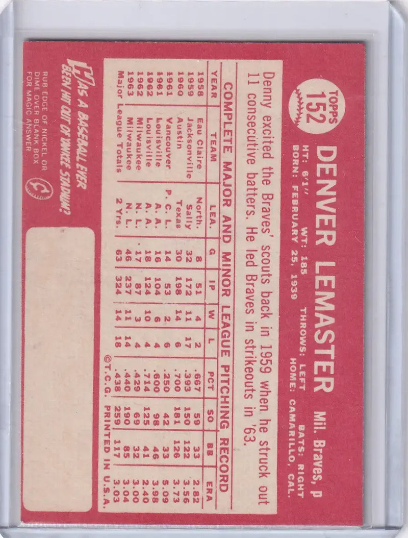 1964 Topps Baseball #152 Denver LeMaster - Milwaukee Braves