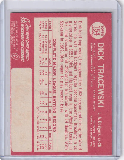 Back of 1964 Topps Baseball card showing Dick Tracewski stats for Los Angeles Dodgers