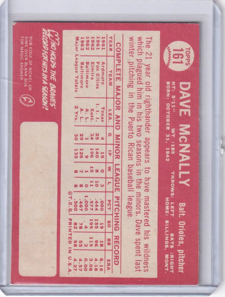 Red baseball card back featuring player stats for Dave McNally, Topps Baseball, Orioles