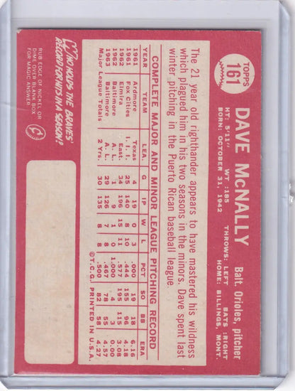 Red baseball card back featuring player stats for Dave McNally, Topps Baseball, Orioles