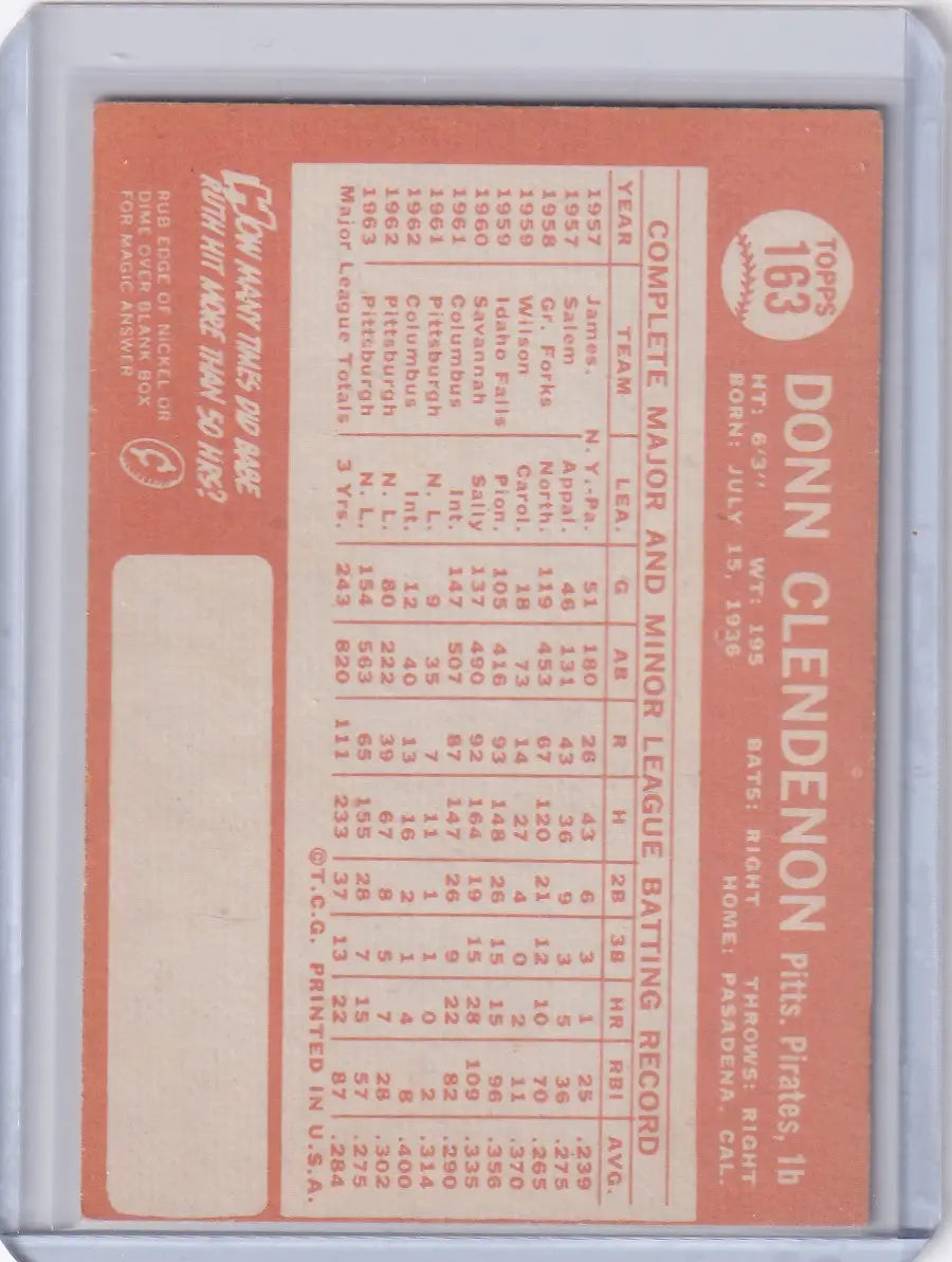 1964 Topps Baseball #163 Donn Clendenon - Pittsburgh Pirates