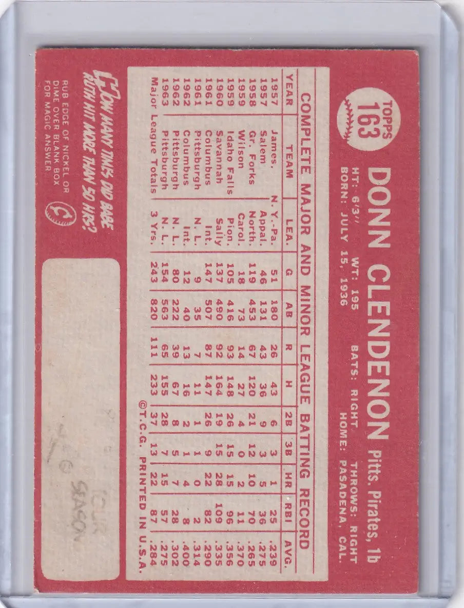 1964 Topps Baseball #163 Donn Clendenon - Pittsburgh Pirates