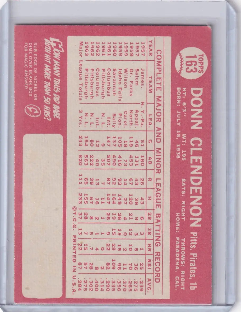1964 Topps Baseball #163 Donn Clendenon card featuring Pittsburgh Pirates player