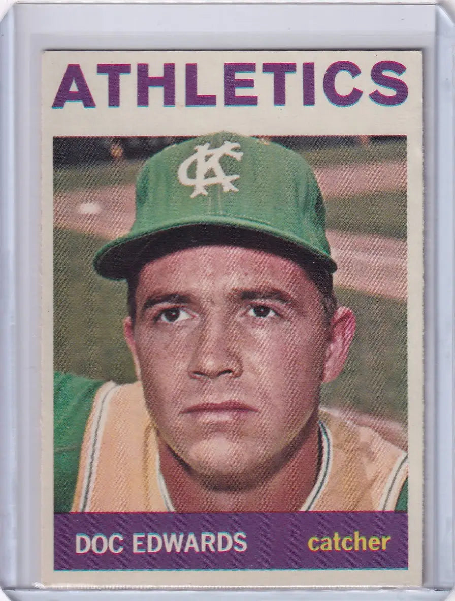 Vintage 1964 Topps Baseball card of Doc Edwards, Kansas City Athletics catcher in uniform