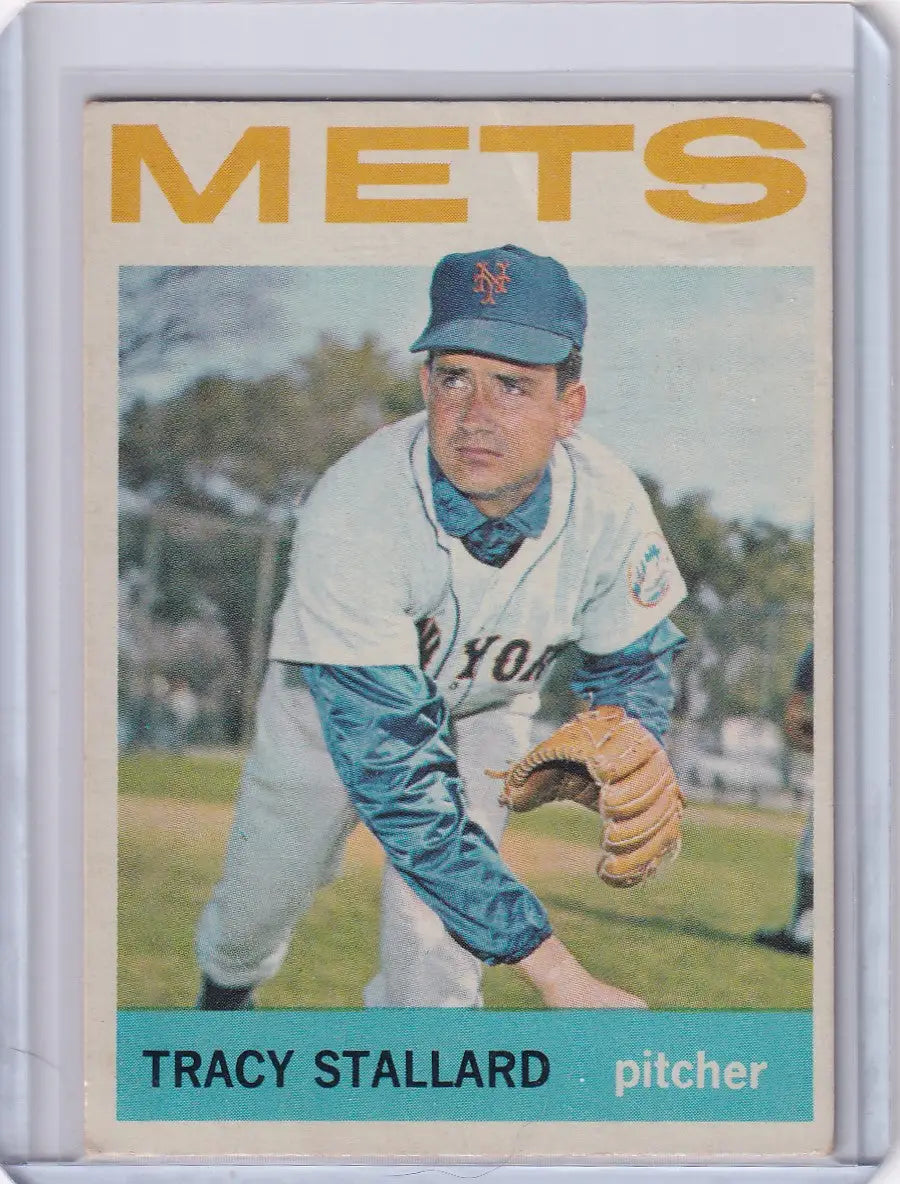 Vintage 1964 Topps Baseball card of Tracy Stallard, New York Mets pitcher in uniform