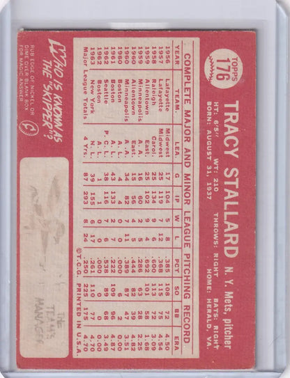 Vintage 1964 Topps Baseball #176 Tracy Stallard New York Mets card with player stats