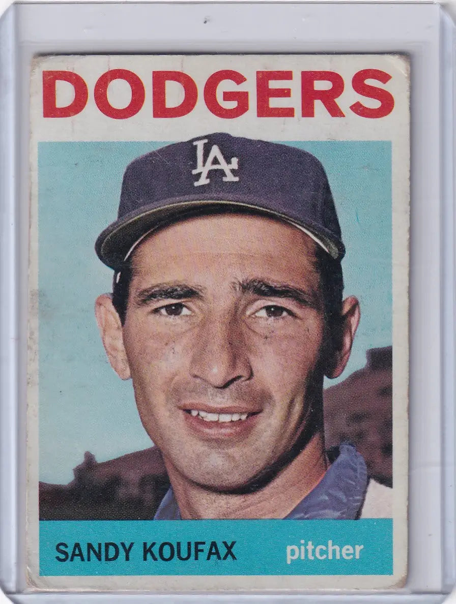 1964 Topps Baseball Card #200 of Sandy Koufax, Los Angeles Dodgers pitcher in blue cap