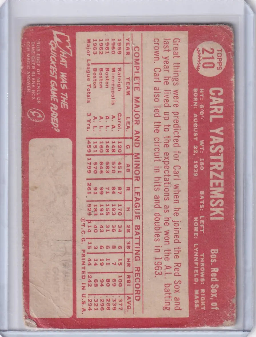 Red vintage Topps Baseball card of Carl Yastrzemski from the Boston Red Sox