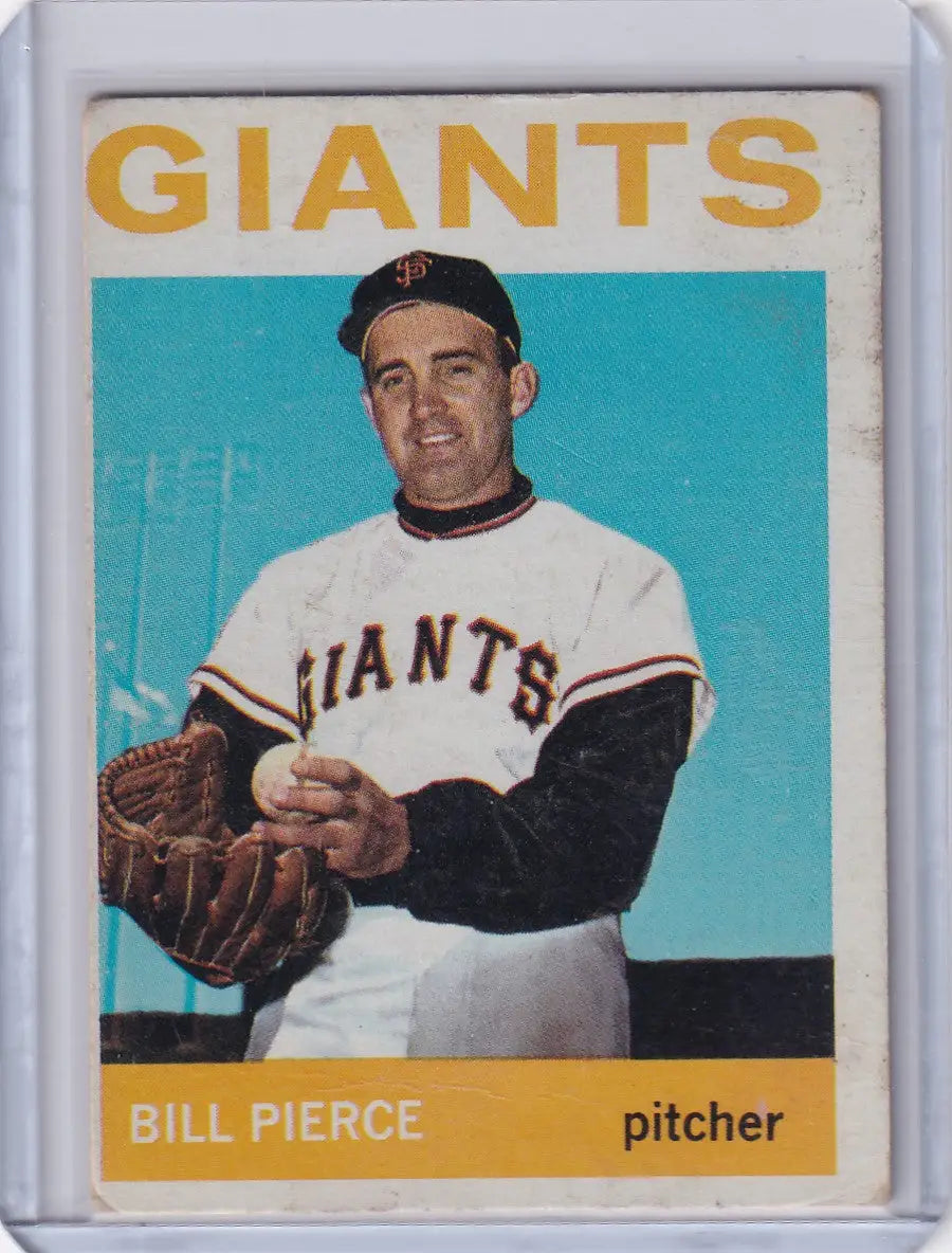 Vintage San Francisco Giants Billy Pierce card from 1964 Topps Baseball in black and white uniform