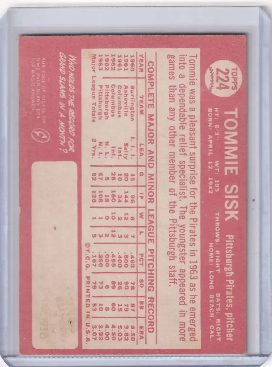 1964 Topps Baseball #224 Tommie Sisk - Pittsburgh Pirates