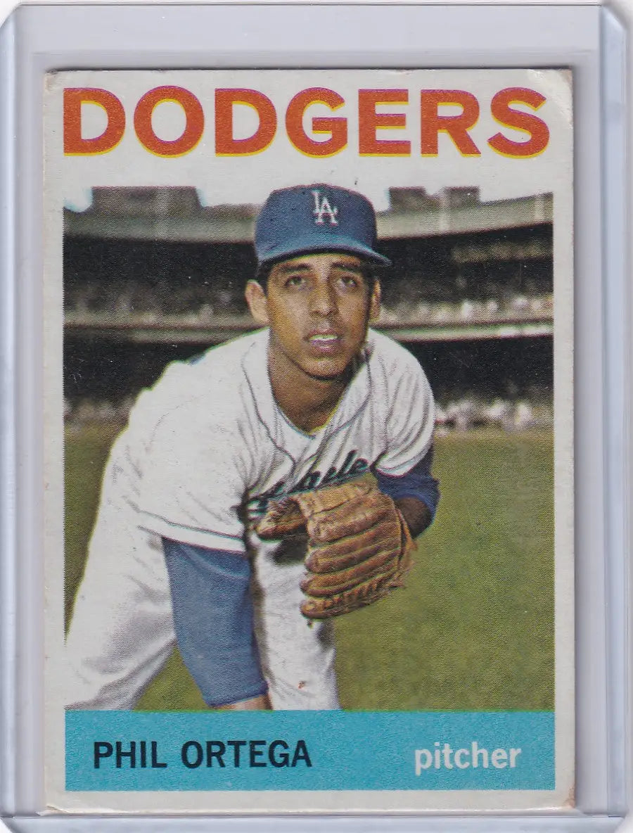 1964 Topps Baseball card of Phil Ortega, Los Angeles Dodgers pitcher in uniform