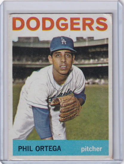1964 Topps Baseball card of Phil Ortega, Los Angeles Dodgers pitcher in uniform