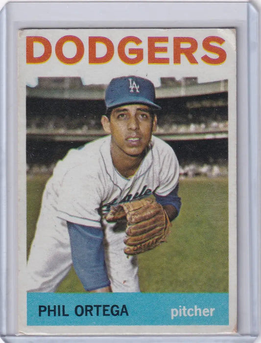 1964 Topps Baseball card of Phil Ortega, Los Angeles Dodgers pitcher in uniform
