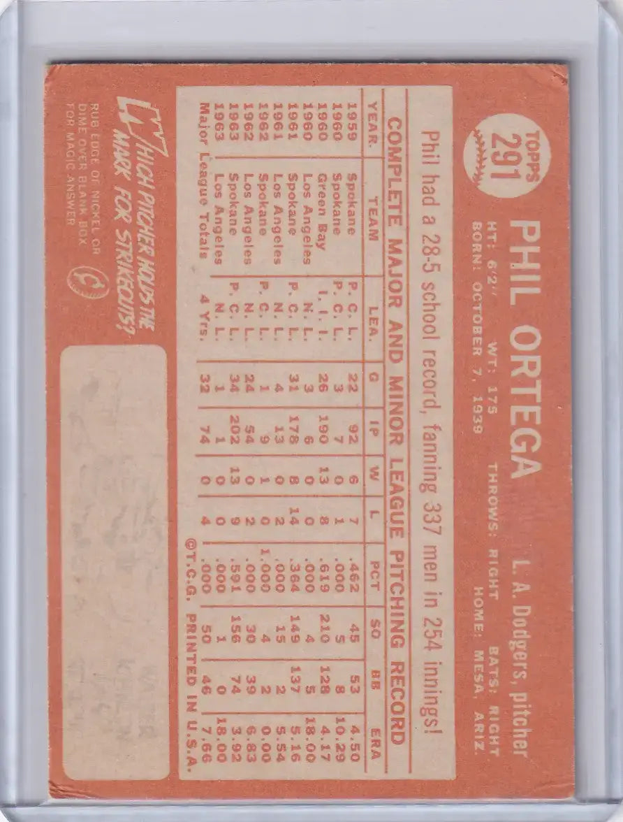 1964 Topps Baseball #291 Phil Ortega - Los Angeles Dodgers