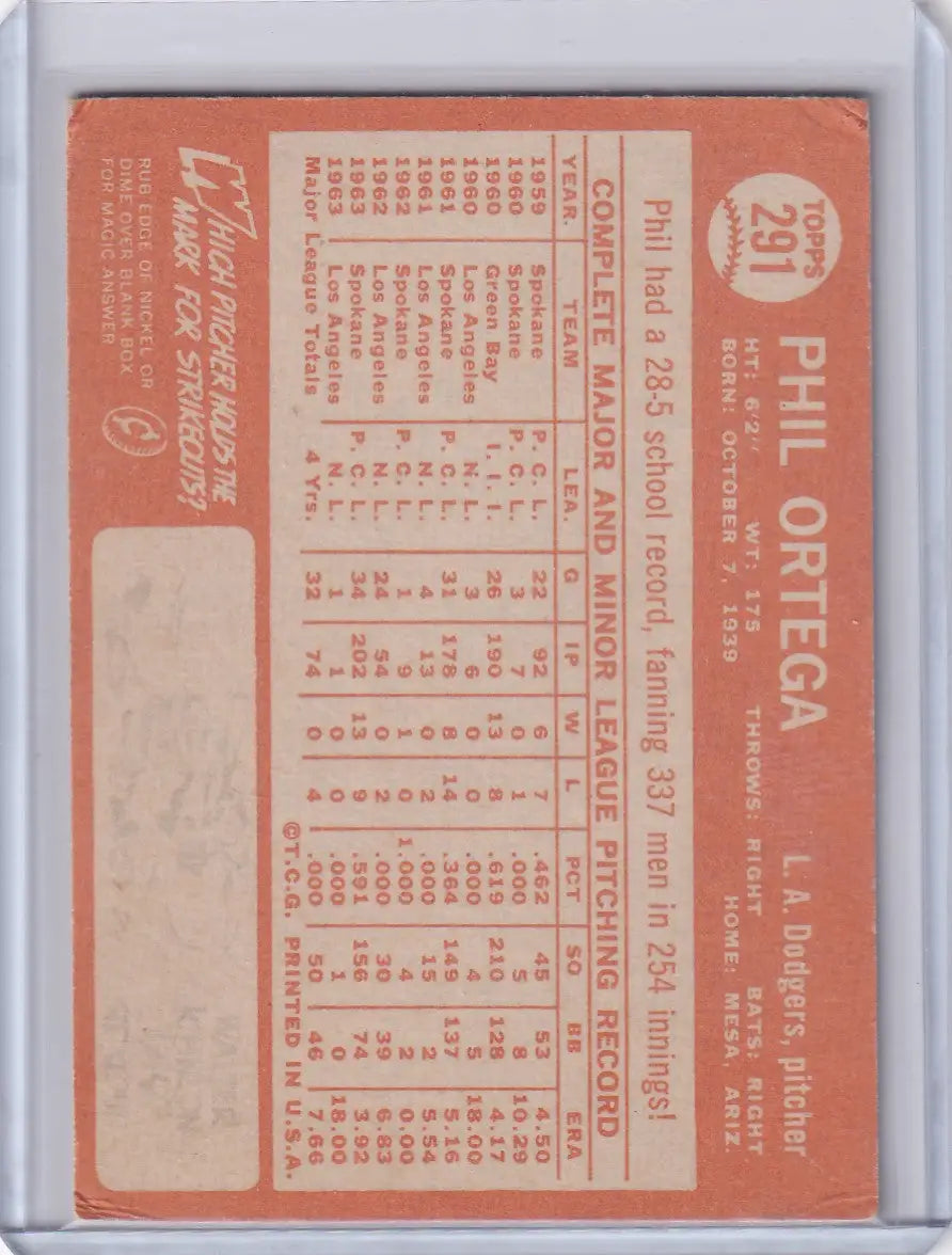 Vintage orange Topps Baseball card of Phil Ortega, Los Angeles Dodgers player stats