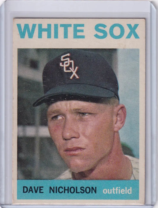 1964 Topps Baseball card of Dave Nicholson with Chicago White Sox navy cap and SOX logo