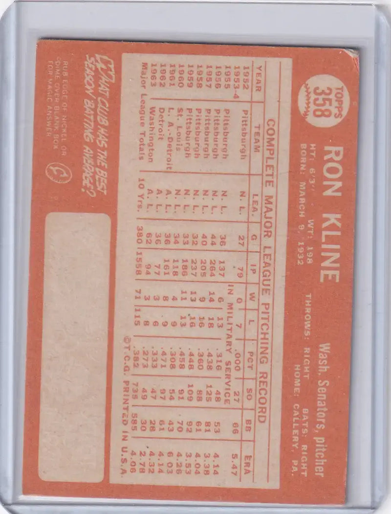 1964 Topps Baseball #358 Ron Kline - Washington Senators